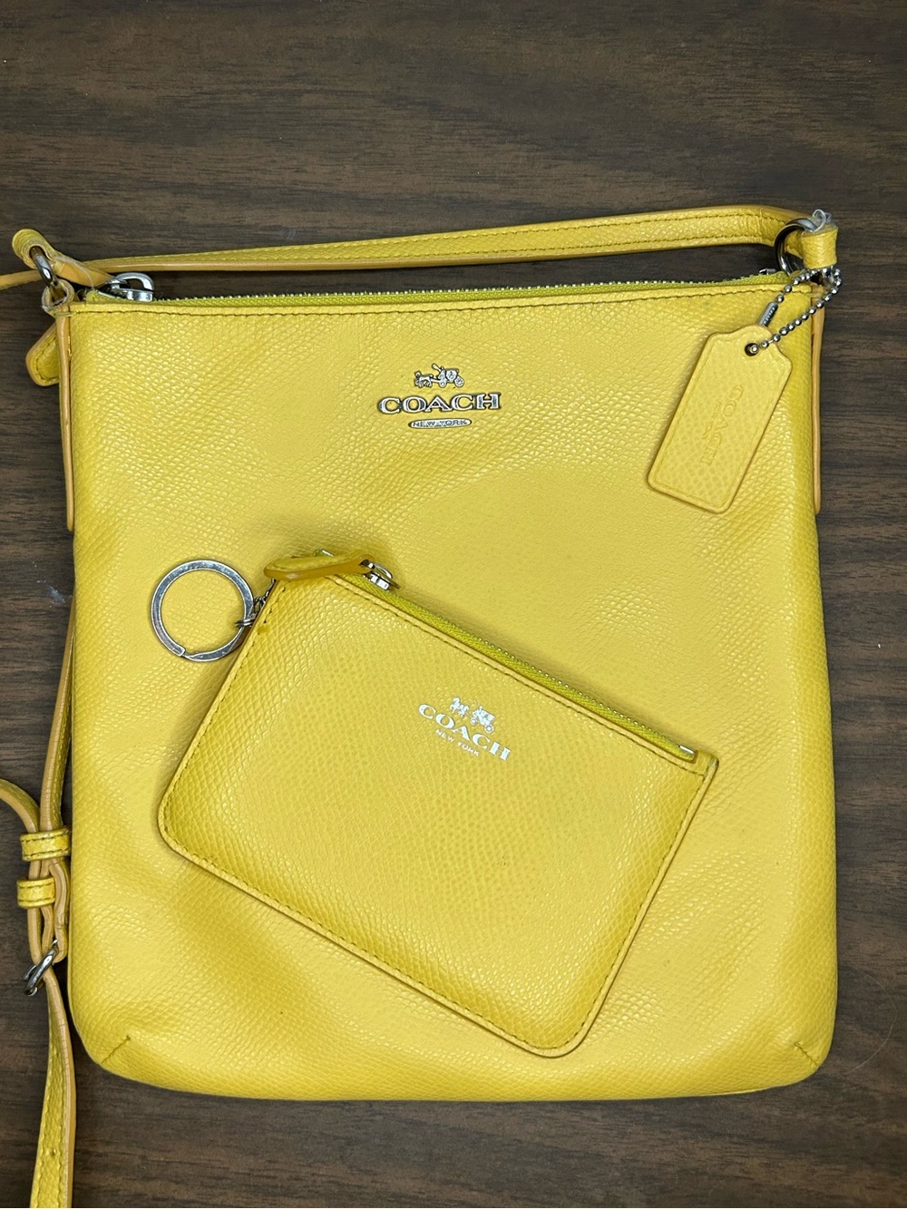 Coach Bright Yellow Pebbled Leather Crossbody Purse with Card Case